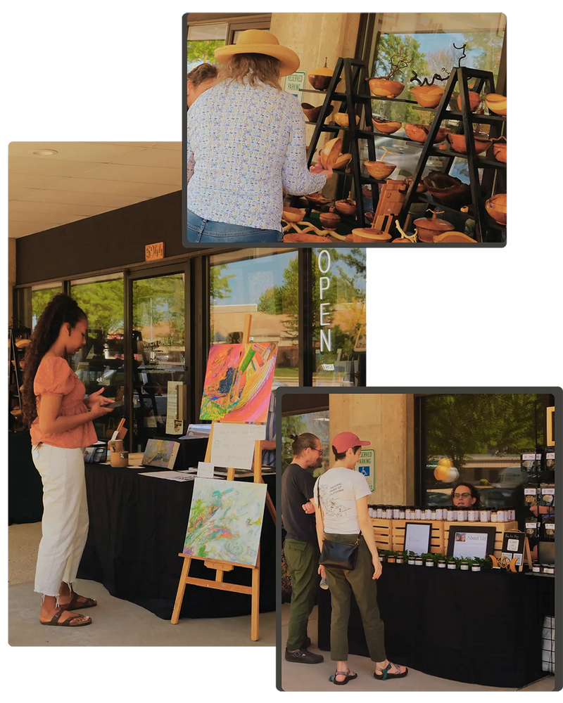 Visitors shopping handmade pottery, paintings, and local artisan goods outside Madison Art Market in Madison, Wisconsin during an artist pop-up market
